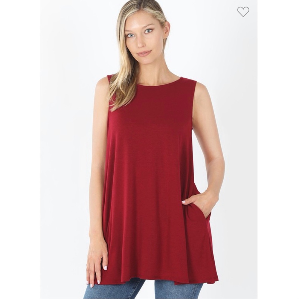 Red Sleeveless Flared Top with Pockets